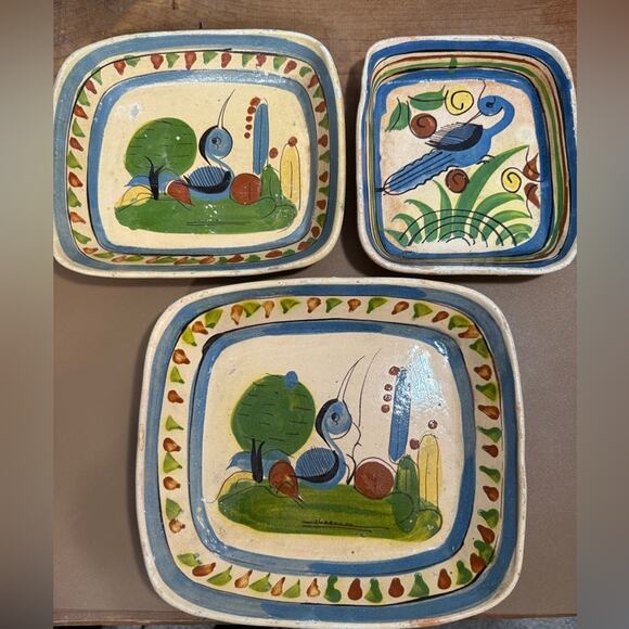 Set of 3 vintage Mexican clay pottery rectangular dishes decor nesting birds - Picture 1 of 13